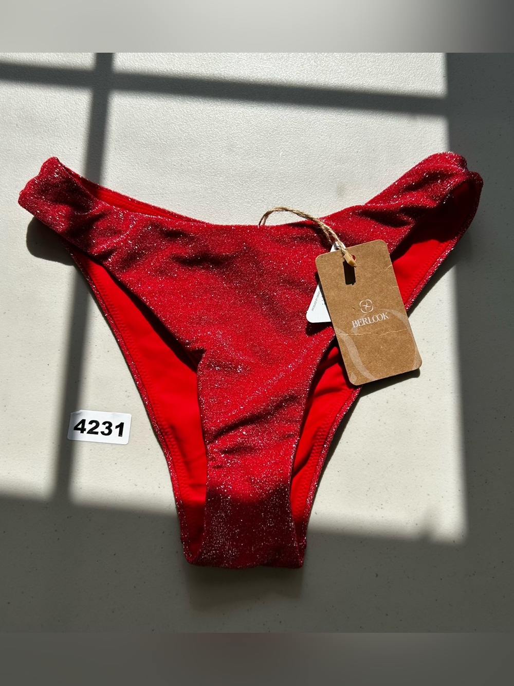 BERLOOK Women's Bikini Bottom XS Red Lurex Metallic Glitter Lined Stretch